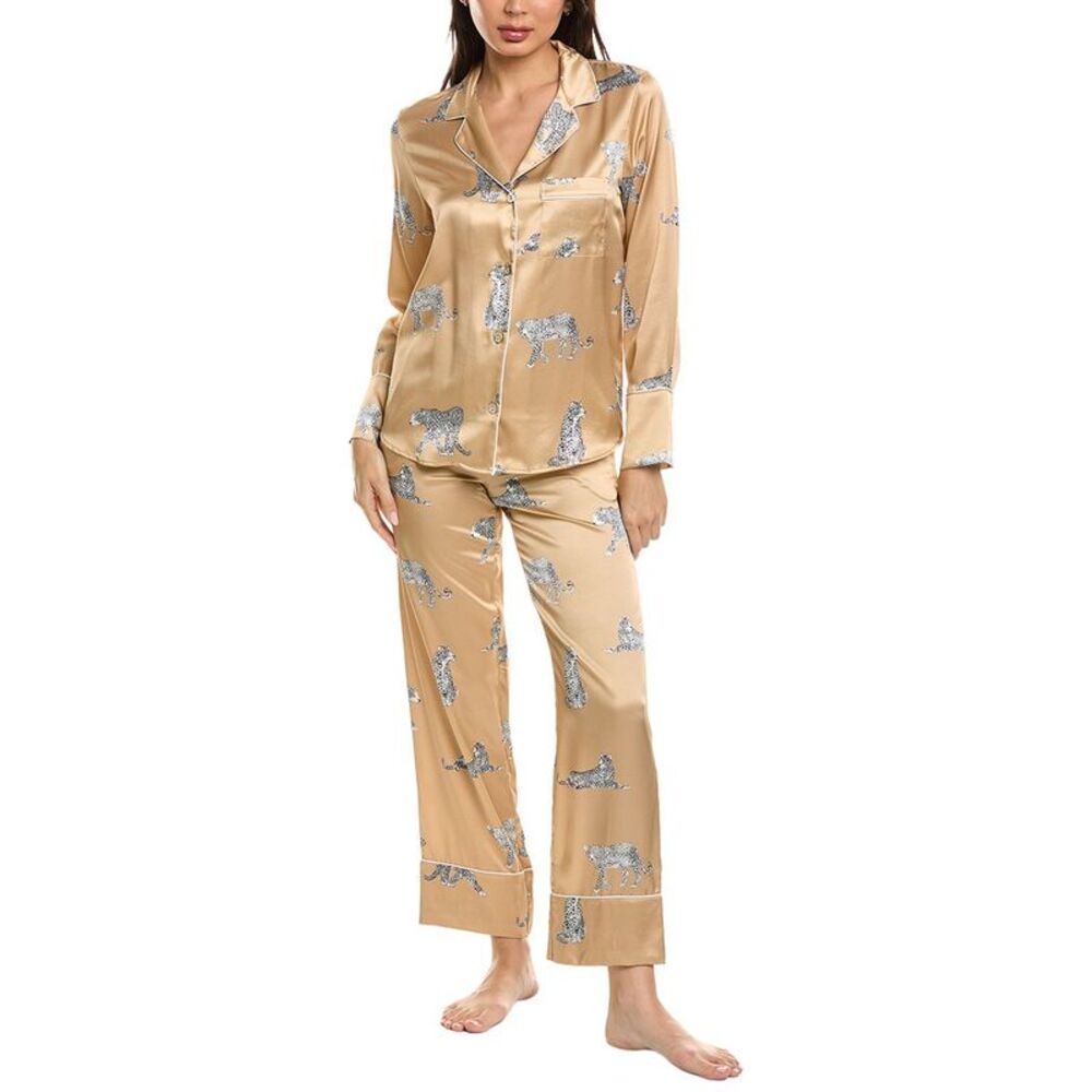 Petite Plume Womens  2Pc Mulberry Silk Panthere Pajama Set, Brown